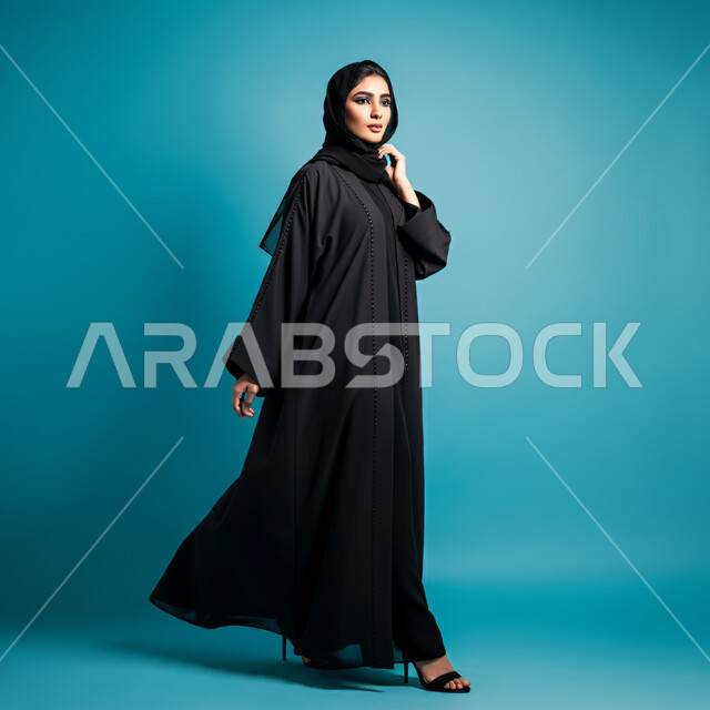 الملابس العصرية للمحجبات، الإهتمام بالمظهر الخارجي والأناقة، مفهوم الأنوثة والنعومة، بورتريه لامرأة عربية خليجية سعودية محجبة ترتدي عباءة سوداء تنظر الى شيء ما، الجسم بالطول الكامل، خلفية زرقاء