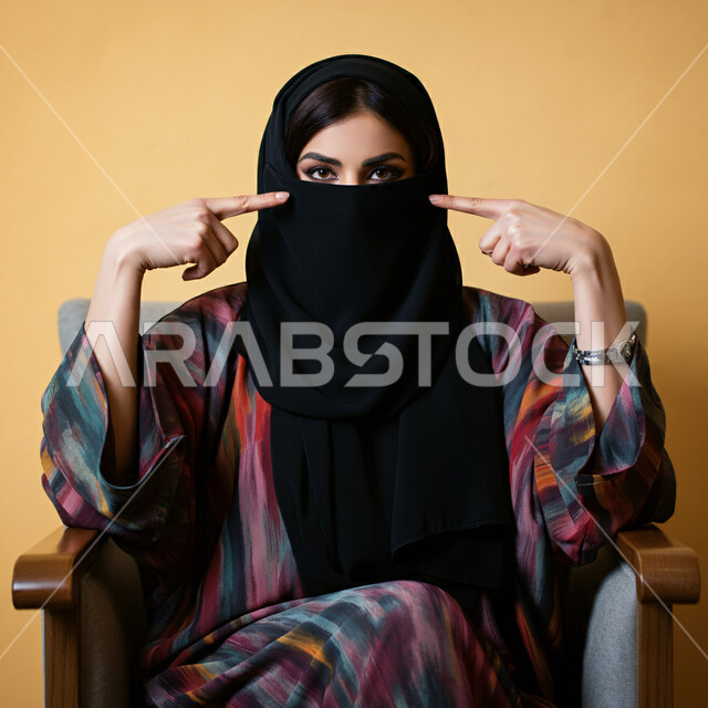 الاهتمام بالأناقة والمظهر الخارجي، مفهوم الأنوثة والنعومة، بورتريه مقرب لامرأة عربية سعودية خليجية سعودية محجبة ترتدي النقاب والعباءة السوداء تنظر إلى الكاميرا بإيماءات الثقة بالنفس، خلفية بنية