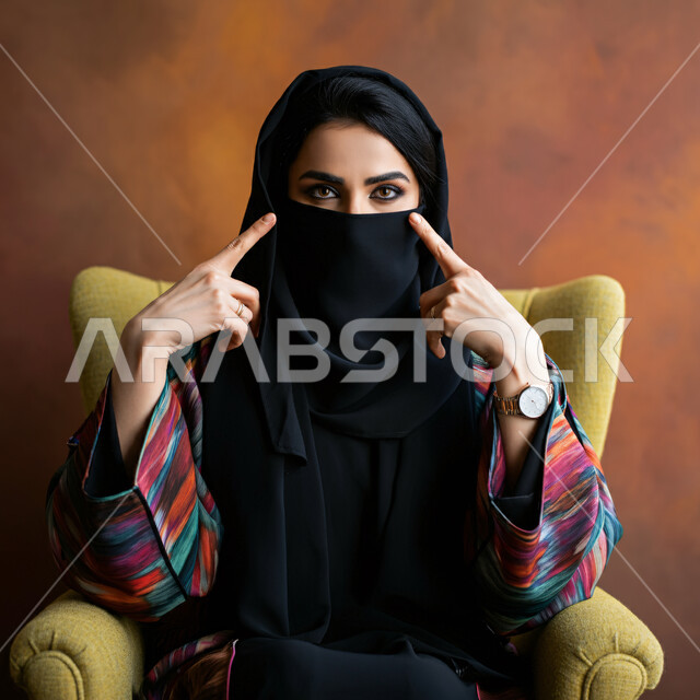 مفهوم الأنوثة والنعومة، بورتريه مقرب لامرأة عربية سعودية خليجية سعودية محجبة ترتدي النقاب والعباءة السوداء تنظر إلى الكاميرا بإيماءات الثقة بالنفس، الاهتمام بالأناقة والمظهر الخارجي، خلفية بنية