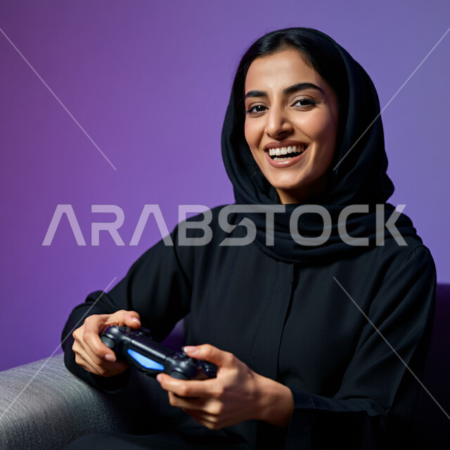قضاء أوقات الفراغ في الفيديو غيمز، إيماءات وتعابير وجه ويدين تدل على الفوز والانتصار، بورتريه مقرب لإمرأة عربية سعودية خليجية ترتدي الحجاب والعباءة تجلس على كرسي مريح وتحمل بيدها عصا التحكم وتلعب بألعاب الفيديو، خلفية بنفسجية