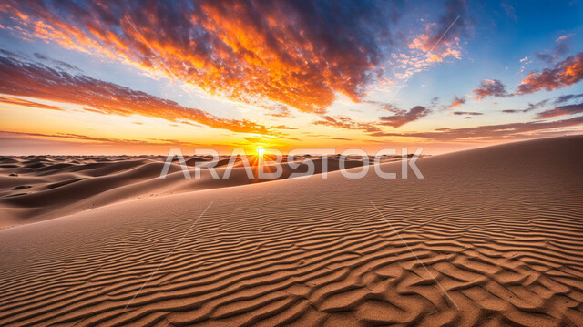 Formations and formations of golden sand in the desert of the Arabian Peninsula, terrain and dry environment in desert nature, soft sand dunes and hills formed in the Gulf deserts, view of the sunset in the sky