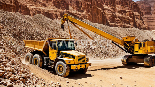 The rocky nature and terrain of the mountain ranges, the highlands and mountain peaks in the Kingdom of Saudi Arabia, a large freight truck working at the mining site, getting rid of dust and rocks and transporting them away, places of natural coal mines, areas for exploring underground resources.