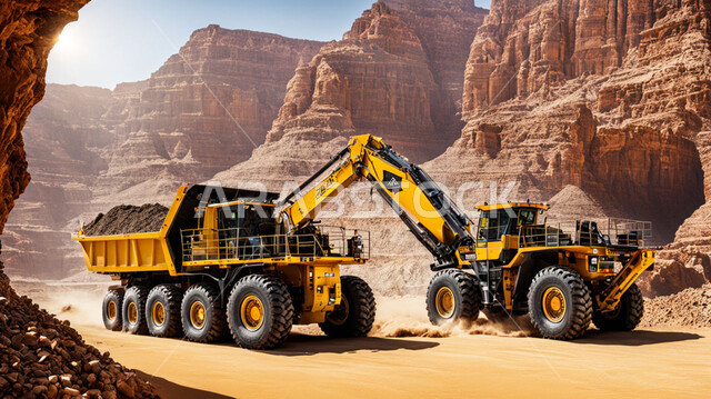 الطبيعة الصخرية وتضاريس السلاسل الجبلية، المرتفعات وقمم الجبال في المملكة العربية السعودية، سيارة شحن كبيرة تقوم بالعمل في موقع التعدين، التخلص من الأتربة والصخور ونقلها بعيدا، أماكن مناجم الفحم الطبيعي، مناطق التنقيب عن الثروات الباطنية