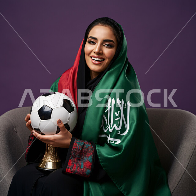 تشجيع الأندية والمنتخبات السعودية، متابعة ومشاهدة المباريات، بورتريه مقرب لسيدة عربية سعودية خليجية مبتسمة ترتدي الحجاب تجلس على كرسي مريح تضع علم المملكة على كتفيها تمسك بيديها الكرة تنظر إلى الكاميرا بإيماءات الفرح والانتصار، خلفية بنفسجية