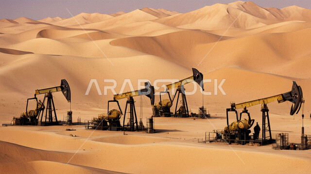 استخراج وتصدير الثروات الباطنية، حفارة تقوم بالتنقيب عن النفط وسط الكثبان الرملية في المناطق الصحراوية, آلات حفر ضخمة, جودة الأدوات والمعدات الصناعة، مراكز تخزين البترول في صحارى المملكة العربية السعودية، منصة نفط لاستنباط الزيوت