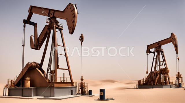 Extracting and exporting underground resources, an excavator exploring for oil amid sand dunes in desert areas, huge drilling machines, quality industrial tools and equipment, petroleum storage centers in the deserts of the Kingdom of Saudi Arabia, an oil platform for extracting oils.