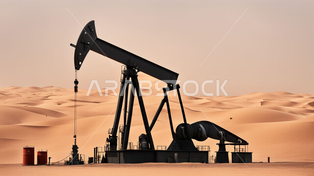Extracting and exporting underground resources, an excavator exploring for oil amid sand dunes in desert areas, huge drilling machines, quality industrial tools and equipment, petroleum storage centers in the deserts of the Kingdom of Saudi Arabia, an oil platform for extracting oils.