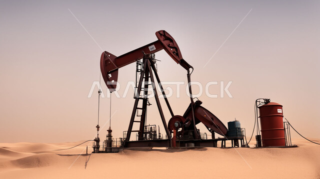 Extracting and exporting underground resources, an excavator exploring for oil amid sand dunes in desert areas, huge drilling machines, quality industrial tools and equipment, petroleum storage centers in the deserts of the Kingdom of Saudi Arabia, an oil platform for extracting oils.