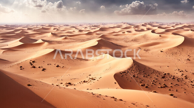 التكوينات والتشكيلات من الرمال الذهبية في صحراء شبه الجزيرة العربية، التضاريس والبيئة الجافة في الطبيعة الصحراوية، الكثبان والتلال الرملية الناعمة المتشكلة في الصحاري الخليجية