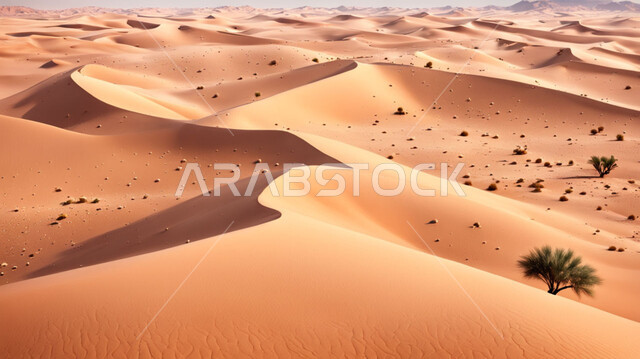 التكوينات والتشكيلات من الرمال الذهبية في صحراء شبه الجزيرة العربية، التضاريس والبيئة الجافة في الطبيعة الصحراوية، الكثبان والتلال الرملية الناعمة المتشكلة في الصحاري الخليجية