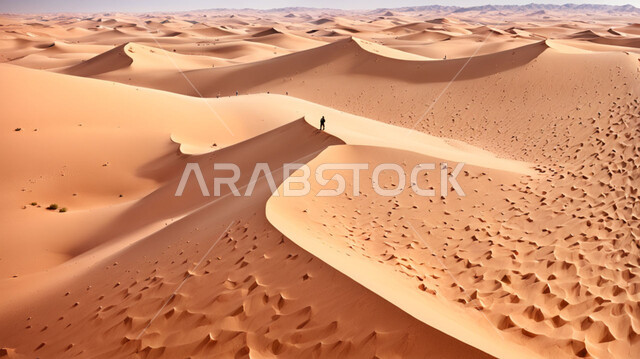 التكوينات والتشكيلات من الرمال الذهبية في صحراء شبه الجزيرة العربية، التضاريس والبيئة الجافة في الطبيعة الصحراوية، الكثبان والتلال الرملية الناعمة المتشكلة في الصحاري الخليجية