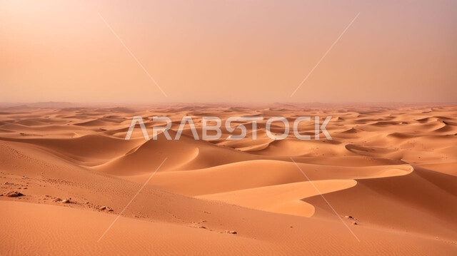 التكوينات والتشكيلات من الرمال الذهبية في صحراء شبه الجزيرة العربية، التضاريس والبيئة الجافة في الطبيعة الصحراوية، الكثبان والتلال الرملية الناعمة المتشكلة في الصحاري الخليجية