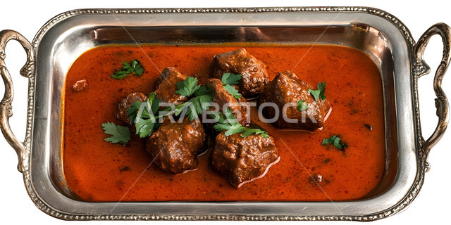 Presentation arts in restaurants and kitchens of the Kingdom of Saudi Arabia, delicious Arabic cuisine, delicious meals and dishes, oriental recipes and dishes with distinctive flavors, close-up image of a plate of meatballs seasoned with tomato sauce, white background