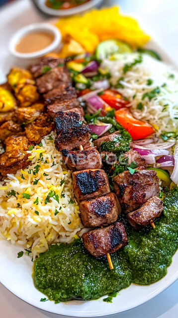 أغذية صحية ذات قيمة غذائية عالية, أطباق اللحوم الشهية, وجبات الطعام اللذيذة, أكلات عربية شرقية تقليدية, صورة مقربة لطبق من أسياخ اللحم المشوي مع الأرز والخضار والصلصة