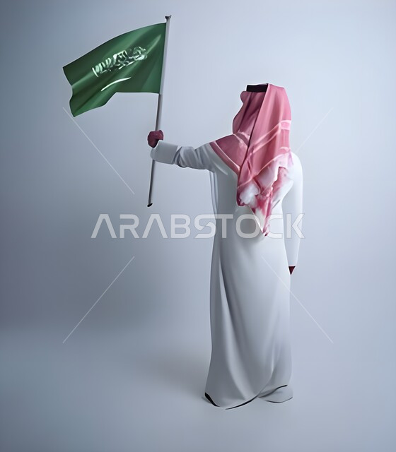 مناسبات شعبيه وطنية، اظهار الحب والولاء للملكه، احياء ذكرى اليوم الوطني السعودي 23 سبتمبر، بورتريه من الخلف لرجل عربي خليجي سعودي يرتدي الشماغ والثوب التقليدي ويرفع علم السعودية في العيد الوطني، يوم العلم 11 مارس ، صورة الجسم بالطول الكامل، خلفية بيضاء