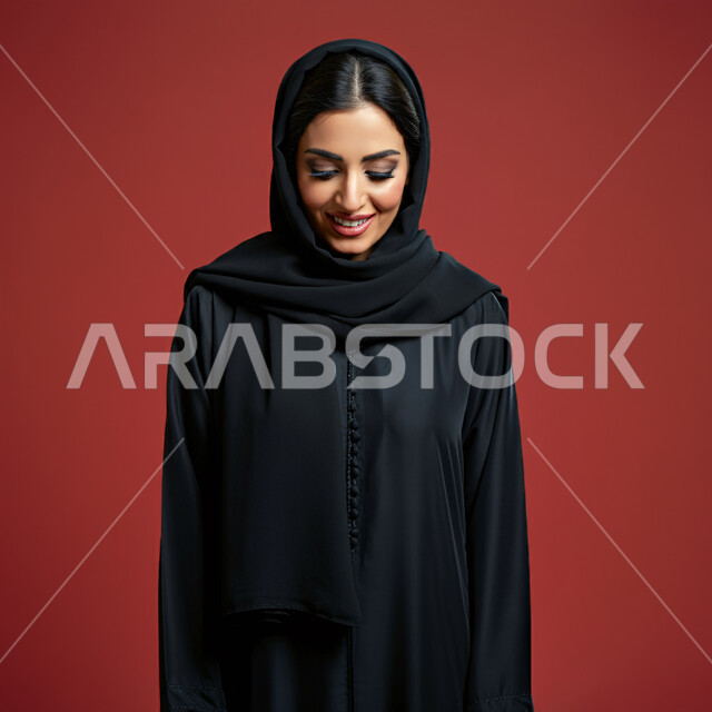 إيماءات السعادة والسرور، الأناقة والاهتمام بالمظهر الخارجي، بورتريه مقرب لامرأة عربية خليجية سعودية ترتدي العباءة السوداء تنظر الى الاسفل بتعابير الخجل والحياء، نظرات الأنوثة الناعمة، خلفية حمراء