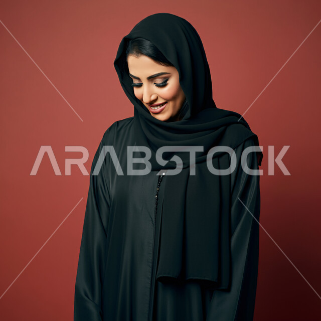 إيماءات السعادة والسرور، الأناقة والاهتمام بالمظهر الخارجي، بورتريه مقرب لامرأة عربية خليجية سعودية ترتدي العباءة السوداء تنظر الى الاسفل بتعابير الخجل والحياء، نظرات الأنوثة الناعمة، خلفية حمراء
