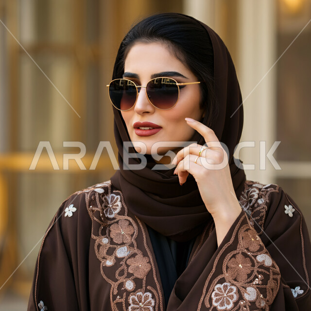 مفهوم الأنوثة والأناقة والشياكة، جمال النساء السعوديات، الاهتمام بالمظهر الخارجي، أزياء محجبات عصرية حديثة، صورة مقربة لامرأة عربية خليجية سعودية ترتدي الحجاب والعباءة تضع النظارات الشمسية تنظر إلى شيء ما بإيماءات الثقه بالنفس