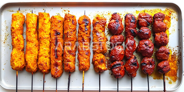 مطاعم للمأكولات العربية الشرقية، صورة علوية عامودية لطبق من أسياخ اللحم المشوية، وصفات المطبخ السعودي الغني بالنكهات المميزة، أطعمة غنية بالبروتين، وجبة ذات قيمة غذائية عالية, خلفية بيضاء