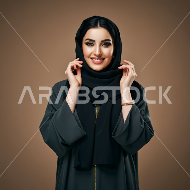 الشياكة والأناقة والاعتناء بالمظهر الخارجي، مفهوم النعومة والأنوثة، بورتريه مقرب لأمراة عربية خليجية سعودية ترتدي العباءة السوداء تنظر الى الكاميرا بتعابير الفرح والسعادة والسرور، جمال النساء السعوديات، خلفية بني