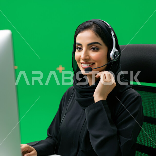 Increase customer satisfaction, wearing a headset to answer inquiries and questions, using modern technologies, close-up portrait of a Saudi Arabian Gulf woman wearing hijab and abaya working in technical support and customer service, green background, chroma key