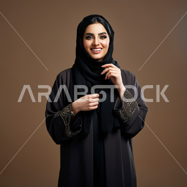 ايماءات السعادة والسرور، مفهوم النعومة والأنوثة، الشياكة والأناقة والاعتناء بالمظهر الخارجي، بورتريه مقرب لأمراة عربية خليجية سعودية محجبة مبتسمة ترتدي العباءة السوداء تنظر الى الكاميرا بتعابير الفرح، خلفية بني