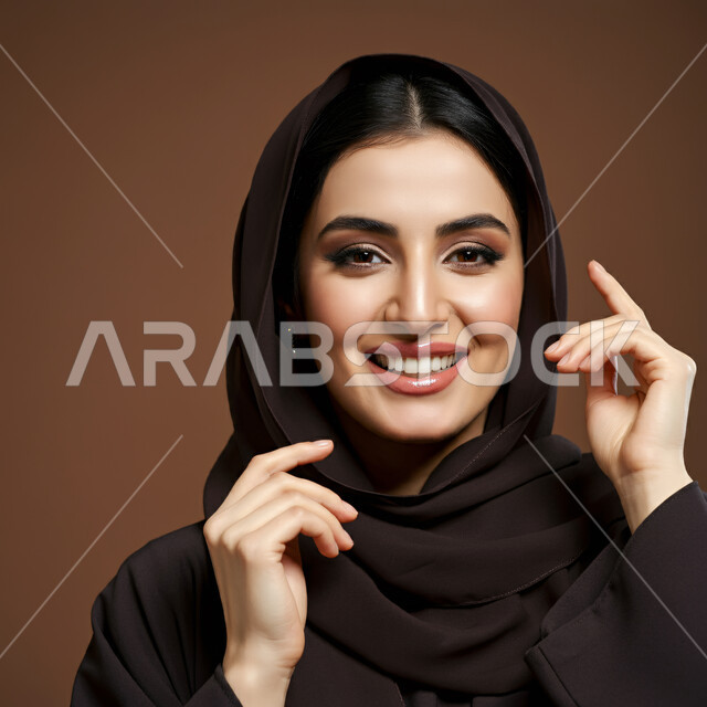 ايماءات السعادة والسرور، مفهوم النعومة والأنوثة، الشياكة والأناقة والاعتناء بالمظهر الخارجي، بورتريه مقرب لأمراة عربية خليجية سعودية محجبة مبتسمة ترتدي العباءة السوداء تنظر الى الكاميرا بتعابير الفرح، خلفية بني