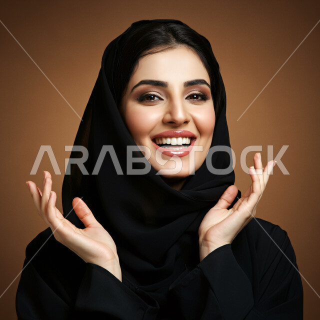 ايماءات السعادة والسرور، مفهوم النعومة والأنوثة، الشياكة والأناقة والاعتناء بالمظهر الخارجي، بورتريه مقرب لأمراة عربية خليجية سعودية محجبة مبتسمة ترتدي العباءة السوداء تنظر الى الكاميرا بتعابير الفرح، خلفية بني