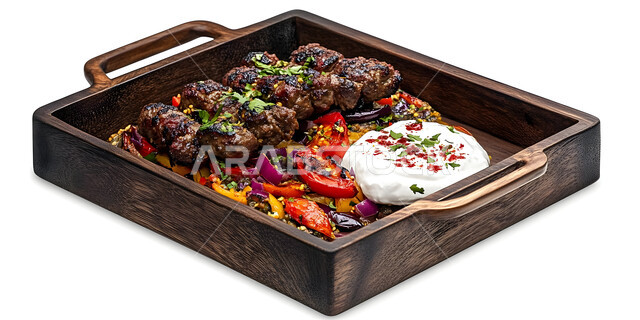 وجبة ذات قيمة غذائية عالية, مطاعم للمأكولات العربية الشرقية، صورة مقربة لطبق من اللحم المشوي، وصفات المطبخ السعودي الغني بالنكهات المميزة، أطعمة غنية بالبروتين، خلفية بيضاء