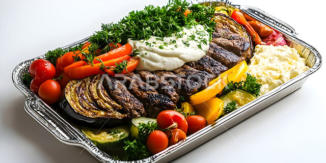 وصفات المطبخ السعودي الغني بالنكهات المميزة، مطاعم للمأكولات العربية الشرقية، صورة مقربة لطبق من اللحوم المشوية مع الخضار، أطعمة غنية بالبروتين، وجبة ذات قيمة غذائية عالية, خلفية بيضاء