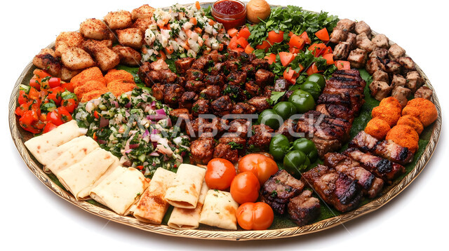 وصفات المطبخ السعودي الغني بالنكهات المميزة، مطاعم للمأكولات العربية الشرقية، صورة مقربة لطبق من اللحوم المشوية مع الخضار، أطعمة غنية بالبروتين، وجبة ذات قيمة غذائية عالية, خلفية بيضاء