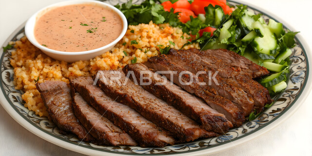 وجبة ذات قيمة غذائية عالية, مطاعم للمأكولات العربية الشرقية، أطعمة غنية بالبروتين، وصفات المطبخ السعودي الغني بالنكهات المميزة، صورة مقربة لطبق من شرائح اللحم، خلفية بيضاء