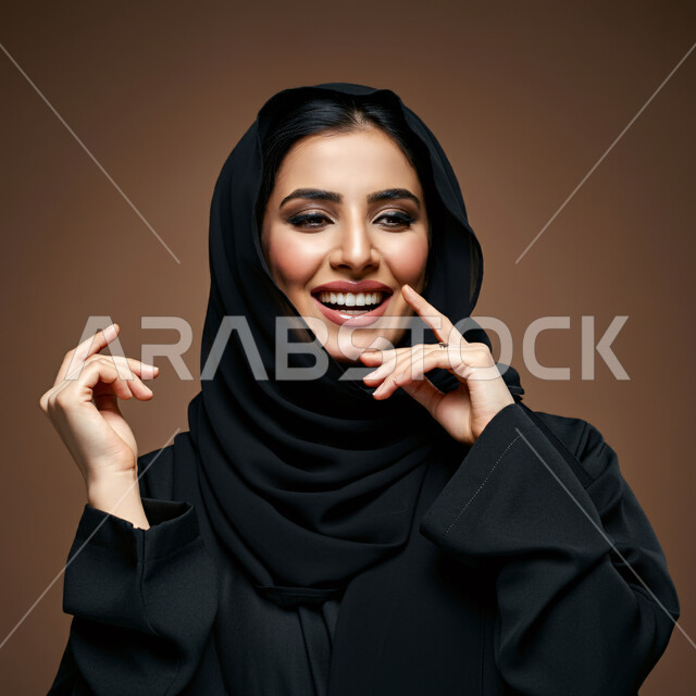 تعابير الفرح والسرور، الشياكة والأناقة والاعتناء بالمظهر الخارجي، بورتريه مقرب لأمراة عربية خليجية سعودية محجبة مبتسمة ترتدي العباءة السوداء تنظر الى الكاميرا بإيماءات السعادة والثقة بالنفس، مفهوم النعومة والأنوثة، خلفية بني