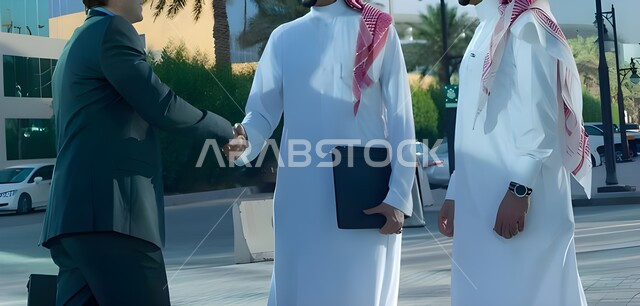 عقد صفقات عمل جديدة ناجحة بين رجال الأعمال، صداقات وتعارف وبناء علاقات اجتماعية، الشراكة في الأعمال والمشاريع، صورة  لايدي رجلان عربيان خليجيان سعوديان يقومان بمصافحة بعضهما، توسيع مجالات العمل