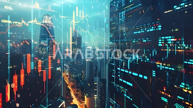 تحليل البيانات المالية والمصرفية، مراقبة الرسوم والمخططات البيانية، سوق البورصة العالمي، تداول العملة الرقمية، مفهوم التجارة والاقتصاد، ارتفاع وانخفاض الأسهم, رسم بياني هولوجرامي توضيحي للمؤشرات الاقتصادية حول العالم