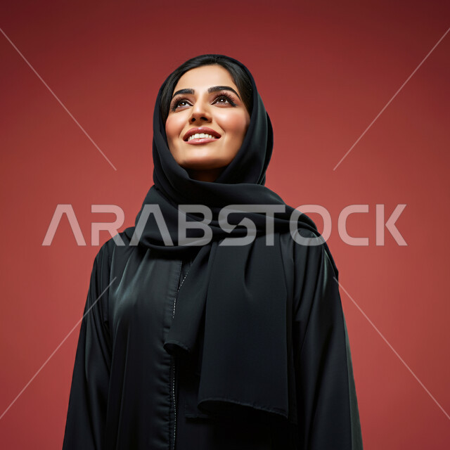 مفهوم الأنوثة والنعومة، بورتريه مقرب لامرأة عربية خليجية سعودية محجبة مبتسمة ترتدي العباءة السوداء تنظر إلى الأعلى  بإيماءات الثقة بالنفس والفرح، الاهتمام بالأناقة والمظهر الخارجي، تعابير السرور والسعادة، خلفية حمراء