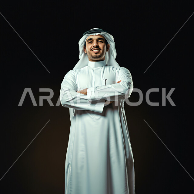 The concept of handsomeness and masculinity, elegance and interest in external appearance, close-up portrait of a smiling Saudi Arabian Gulf man wearing a white ghutra and traditional thobe standing with crossed hands expressions, standing straight and looking at the camera with gestures of pleasure and self-confidence, black background