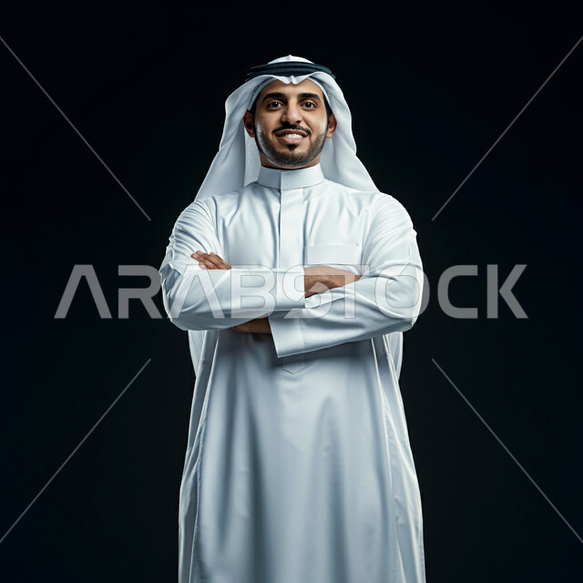 مفهوم الوسامة والرجولة، الأناقة والاهتمام بالمظهر الخارجي، بورتريه مقرب لرجل عربي خليجي سعودي مبتسم يرتدي الغترة البيضاء والثوب التقليدي يقف بتعابير أيدي متقاطعة، الوقوف بإستقامة والنظر الى الكاميرا بايماءات السرور والثقة بالنفس، خلفية سوداء