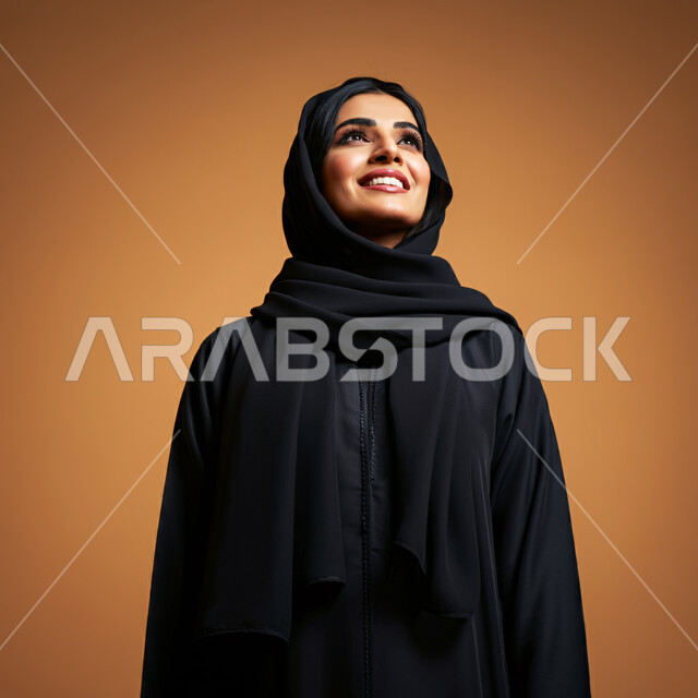 Concern for elegance and appearance, concept of femininity and softness, close-up portrait of a smiling veiled Saudi Arabian Gulf woman wearing a black abaya looking up with gestures of self-confidence and joy, expressions of pleasure and happiness, brown background