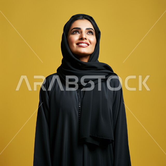 مفهوم الأنوثة والنعومة، بورتريه مقرب لامرأة عربية خليجية سعودية محجبة مبتسمة ترتدي العباءة السوداء تنظر إلى الأعلى  بإيماءات الثقة بالنفس والفرح، الاهتمام بالأناقة والمظهر الخارجي، تعابير السرور والسعادة، خلفية صفراء