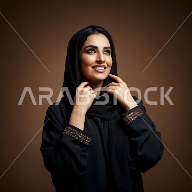  تعابير البهجة والسرور والسعادة، الاهتمام بالأناقة والمظهر الخارجي، مفهوم الأنوثة والنعومة، بورتريه مقرب لامرأة عربية خليجية سعودية محجبة مبتسمة ترتدي العباءة السوداء تنظر إلى الأعلى  بإيماءات الثقة بالنفس والفرح، خلفية بنية