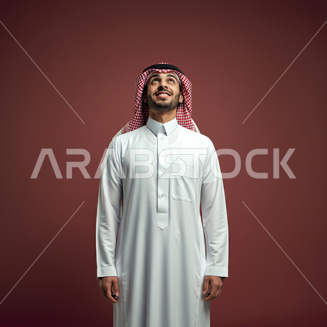مفهوم الرجولة والأناقة والاهتمام بالمظهر الخارجي، بورتريه مقرب لرجل سعودي عربي خليجي مبتسم يرتدي الثوب التقليدي والشماغ يضع يديه على جانبه، الوقوف بإستقامة والنظر الى الاعلى بايماءات السرور و الانضباط والثقة بالنفس، خلفية بنية