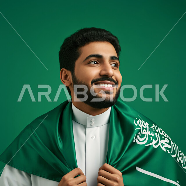 إستذكار التاريخ والهوية الوطنية، بورتريه لرجل عربي خليجي سعودي يرتدي الثوب ويضع على كتفيه علم المملكة العربية السعودية، العيد الوطني 8 ربيع الأول، يوم العلم السعودي 11 مارس, خلفية كروما