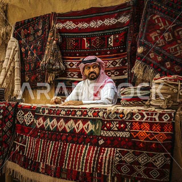 النظر إلى مكان ما والوقوف بإيماءات الشموخ والاعتزاز بالنفس، الاعتناء والاهتمام بالمظهر الخارجي، مفهوم الرجولة العربية، رجل عربي خليجي سعودي يرتدي الثوب والشماغ ويقف في سوق شعبي