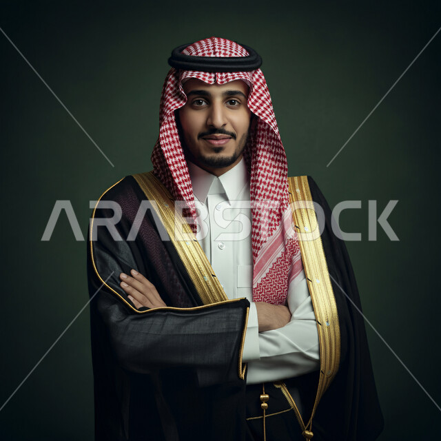 مفهوم الهيبة والرجولة، الاناقة والاهتمام بالمظهر الخارجي, بورتريه مقرب لرجل عربي خليجي سعودي يرتدي الثوب التقليدي ويضع البشت ينظر الى الكاميرا بتعابير السرور و الثقة بالنفس، خلفية سوداء