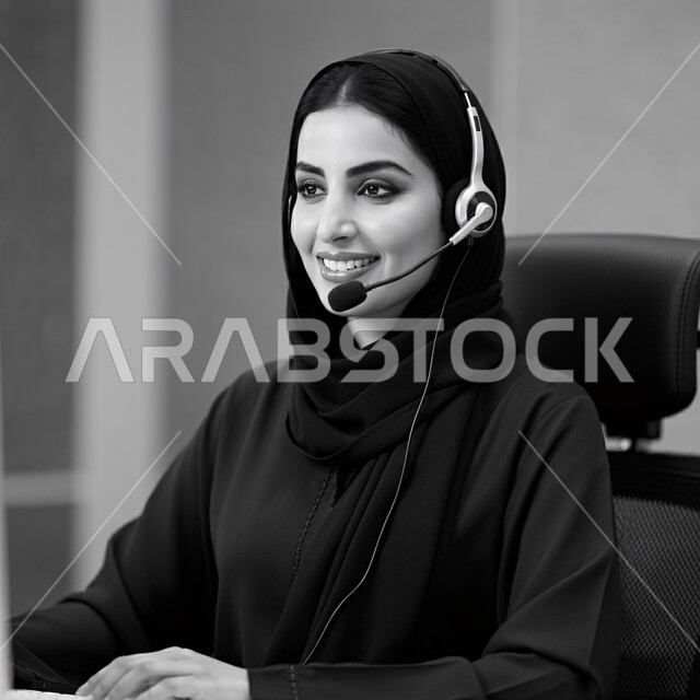 العمل في مجال خدمة العملاء في شركة، صورة مقربة بالابيض والاسود لامرأة عربية خليجية سعودية مبتسمة ترتدي سماعة الرأس الصوتية، استعلامات واستفسارات و الاجابه على اسئلة العملاء، اجراء اتصال من خلال جهاز الحاسب، عقد اجتماع عمل عبر الانترنت