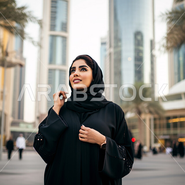الاستمتاع والتجول واستنشاق الهواء النقي في وقت النهار، صورة مقربة لإمرأة عربية خليجية سعودية ترتدي العباءة السوداء تنظر إلى شيء ما في الاعلى بتعابير السرور، الوقوف بثقة في وسط المدينة، الاعتزاز والفخر بالتقدم المعماري في السعوديه، مفهوم الأناقة والاهتمام بالمظهر الخارجي