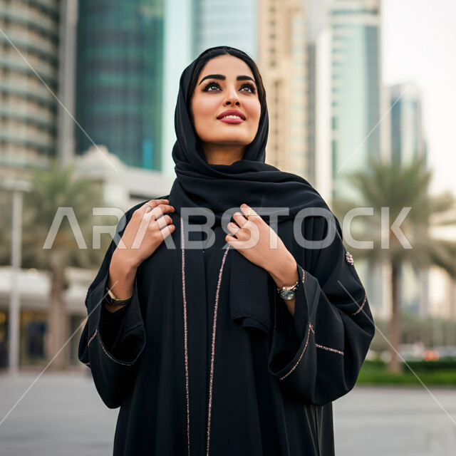الاستمتاع والتجول واستنشاق الهواء النقي في وقت النهار، صورة مقربة لإمرأة عربية خليجية سعودية ترتدي العباءة السوداء تنظر إلى شيء ما في الاعلى بتعابير السرور، الوقوف بثقة في وسط المدينة، الاعتزاز والفخر بالتقدم المعماري في السعوديه، مفهوم الأناقة والاهتمام بالمظهر الخارجي
