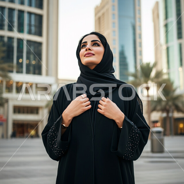الاستمتاع والتجول واستنشاق الهواء النقي في وقت النهار، صورة مقربة لإمرأة عربية خليجية سعودية ترتدي العباءة السوداء تنظر إلى شيء ما في الاعلى بتعابير السرور، الوقوف بثقة في وسط المدينة، الاعتزاز والفخر بالتقدم المعماري في السعوديه، مفهوم الأناقة والاهتمام بالمظهر الخارجي