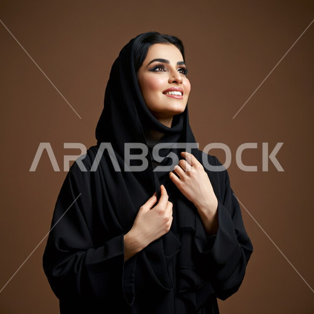 الاعتناء بالمظهر الخارجي والشياكة والأناقة, تعابير السعادة والسرور ، بورتريه مقرب لإمرأة عربية خليجية سعودية محجبة مبتسمة ترتدي العباءة السوداء تنظر إلى مكان ما في الأعلى بإيماءات الثقة بالنفس والفرح، مفهوم الأنوثة والنعومة لدى النساء السعوديات، خلفية بنية